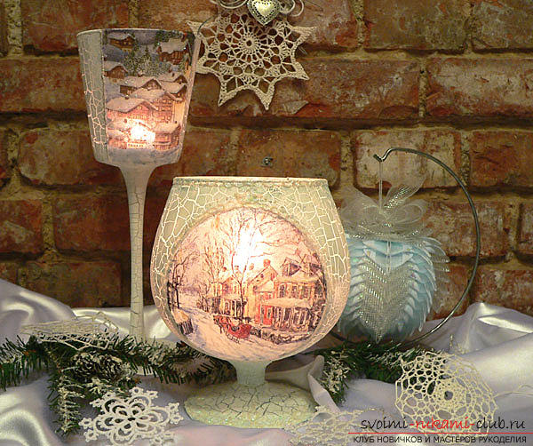 New Year candlestick from the glass - decoupage and a master class for home decoration. Photo №1