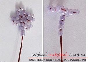 How to make a lilac branch of beads, step-by-step photos and a description of several weaving techniques for beaded floristics. Photo Number 11