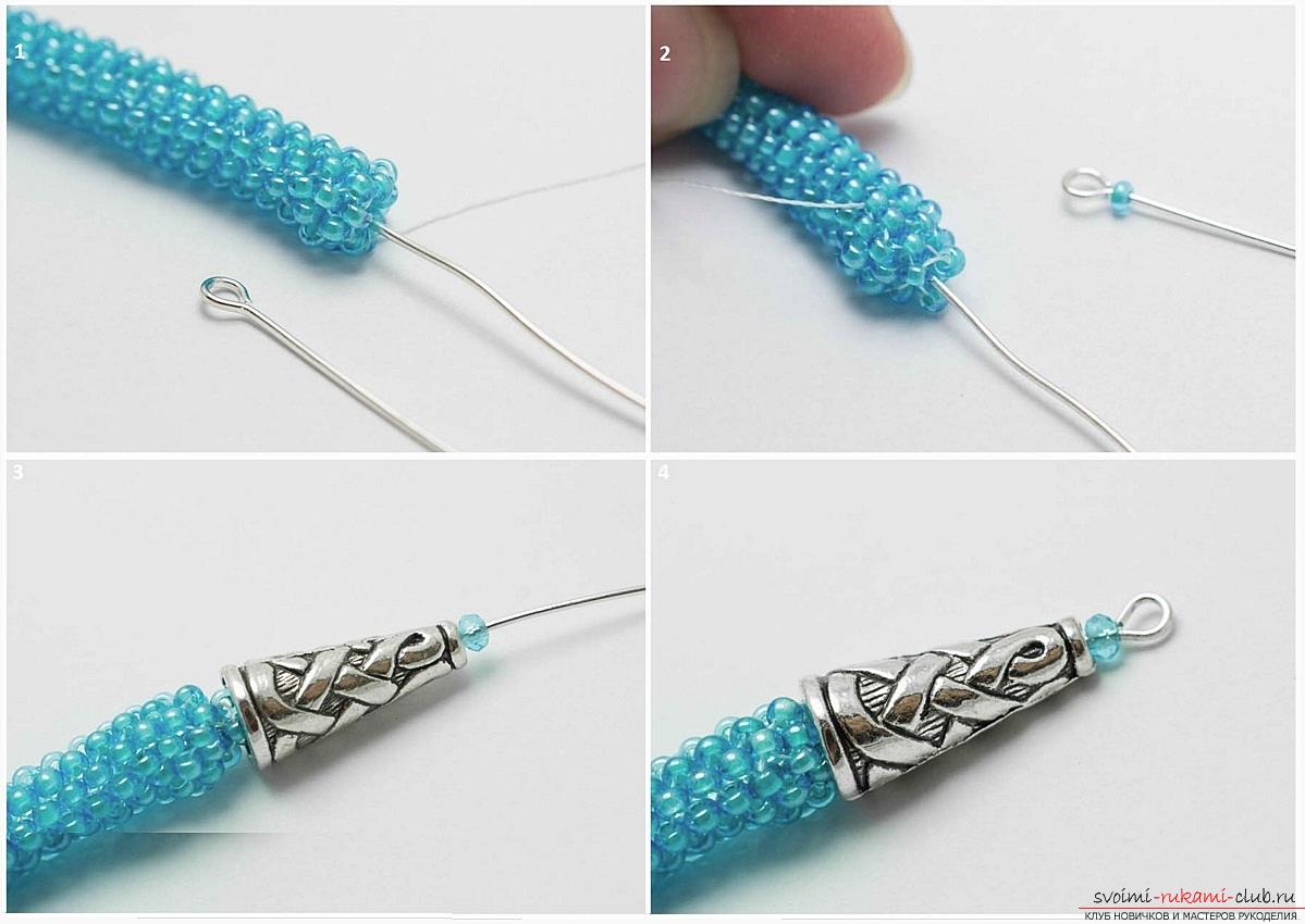 How to make a tourniquet from beads, weaving plait of various sections, crochet crochet, step-by-step photos and a detailed description of the creation of beaded harnesses and ornaments on their basis. Photo №8