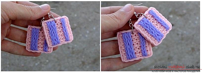 How to make earrings from polymer clay in the original technique of imitation knitted cloth, step-by-step photo creation. Photo №1