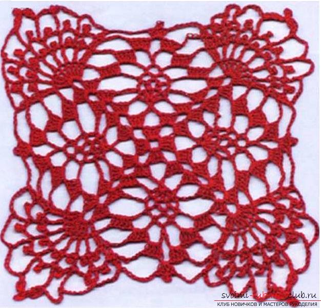 How to tie a square crochet motif, patterns and detailed description of knitting of openwork squares .. Photo # 7