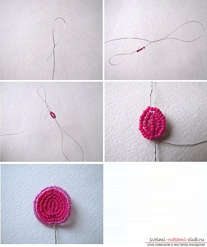 How to weave a rose from beads. step-by-step photos and a detailed description of the weaving of the flower and the leaves of the rose in various techniques. Photo # 2