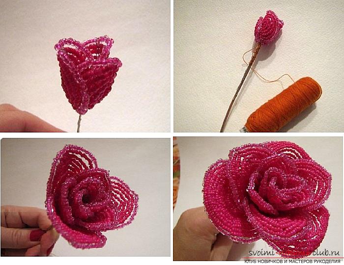 How to weave a rose from beads. step-by-step photos and a detailed description of the weaving of the flower and the leaves of the rose in various techniques. Photo №8