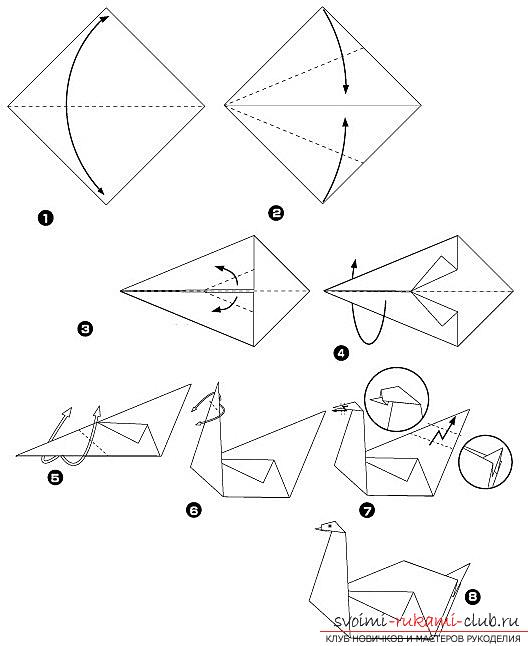 Een eenvoudige figuur van een zwaan in de techniek van origami. Foto №5