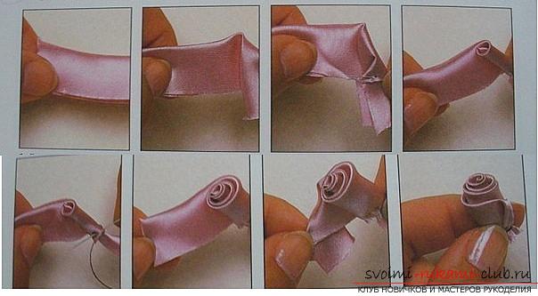How to make roses from a ribbon with your own hands, step-by-step photos and instructions for creating a flower, seven variants of roses from a ribbon in the form of buds and blossoming flowers. Photo №28
