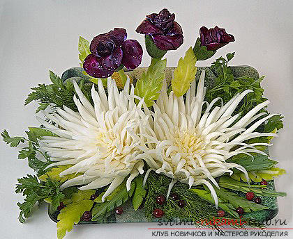 How to make beautiful and original products fromvarious vegetables, step-by-step photos and instructions for creating flowers from onions, mocovi, red cabbage and Peking cabbage, handmade pumpkin in carving technique. Picture №40