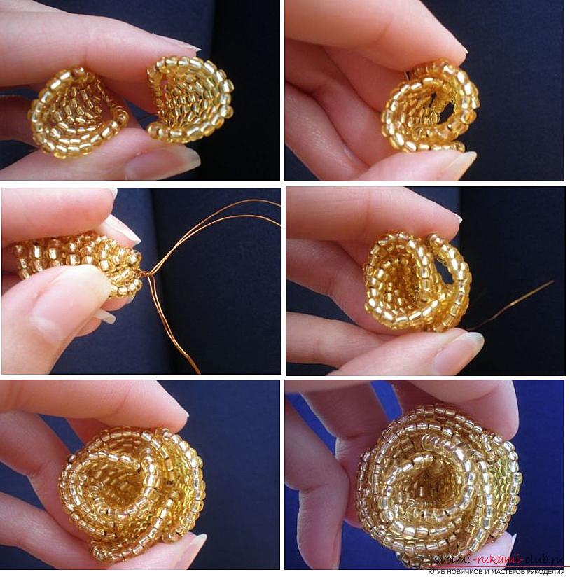 How to weave a rose from beads. step-by-step photos and a detailed description of the weaving of the flower and the leaves of the rose in various techniques. Photo Number 14