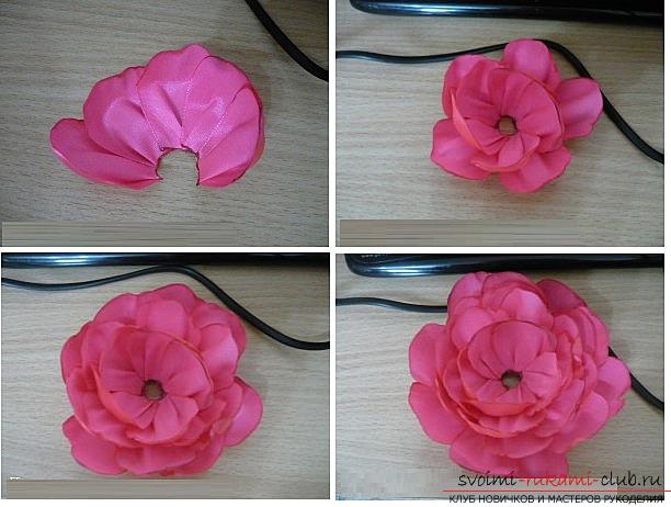 How to make roses from a ribbon with your own hands, step-by-step photos and instructions for creating a flower, seven variants of roses from a ribbon in the form of buds and blossoming flowers. Picture №37