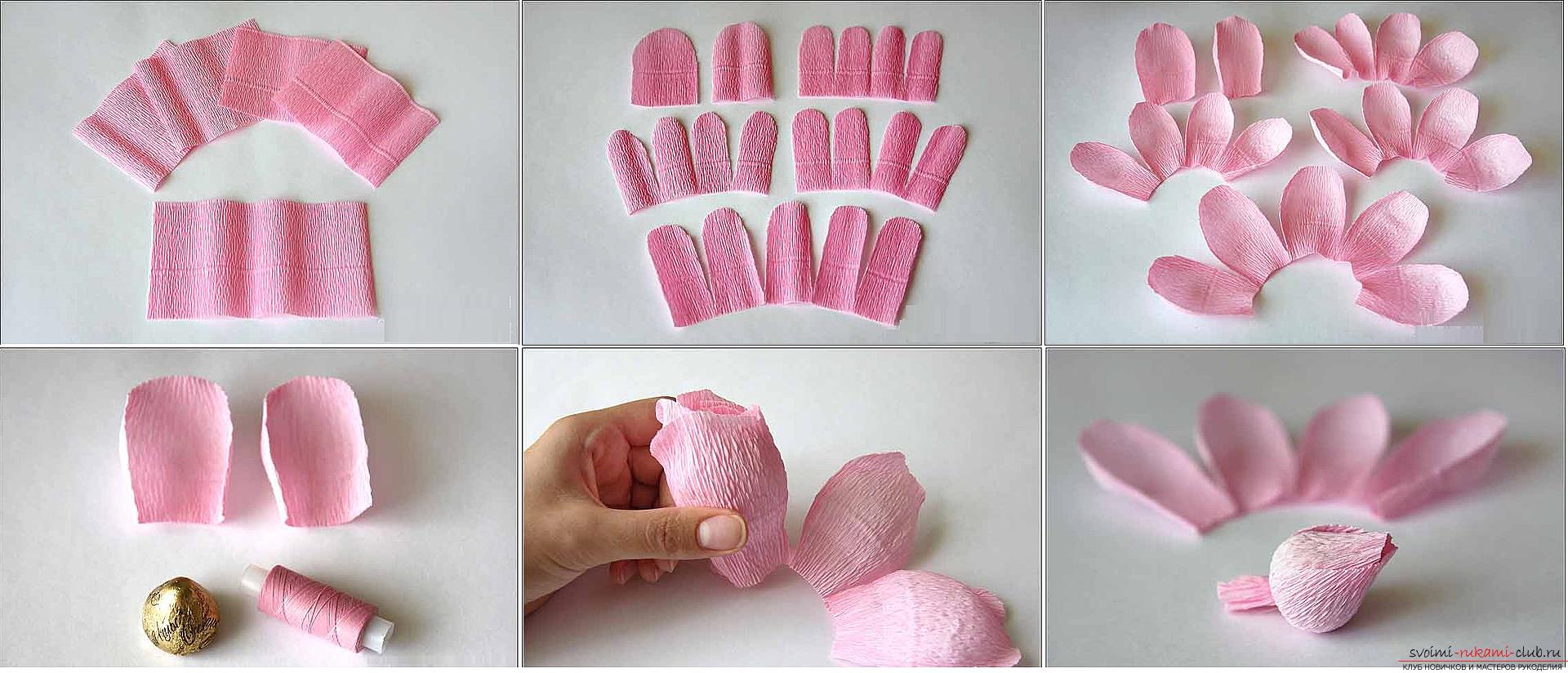 How to make a candy bouquet of roses, step-by-step photos and instructions for creating roses from corrugated paper with candy hearts. Picture №10
