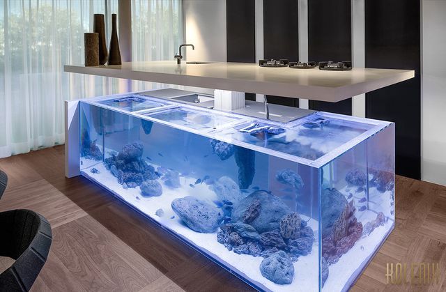 kuchyňský rám v podobě velkého akvária z designu Kolenik