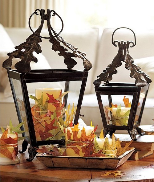 Home decor: decorative lanterns and autumn leaves