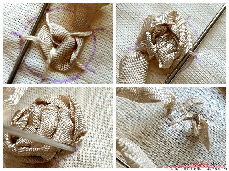 How to make roses from a ribbon with your own hands, step-by-step photos and instructions for creating a flower, seven variants of roses from a ribbon in the form of buds and blossoming flowers. Photo №6
