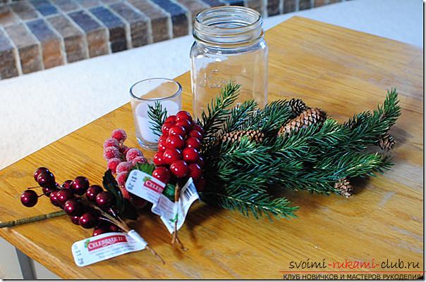 Creation of bright and unusual central compositions for the New Year's table, how to make a decorative jar with a candle, creating a central composition with candles and a pine cone .. Photo №10