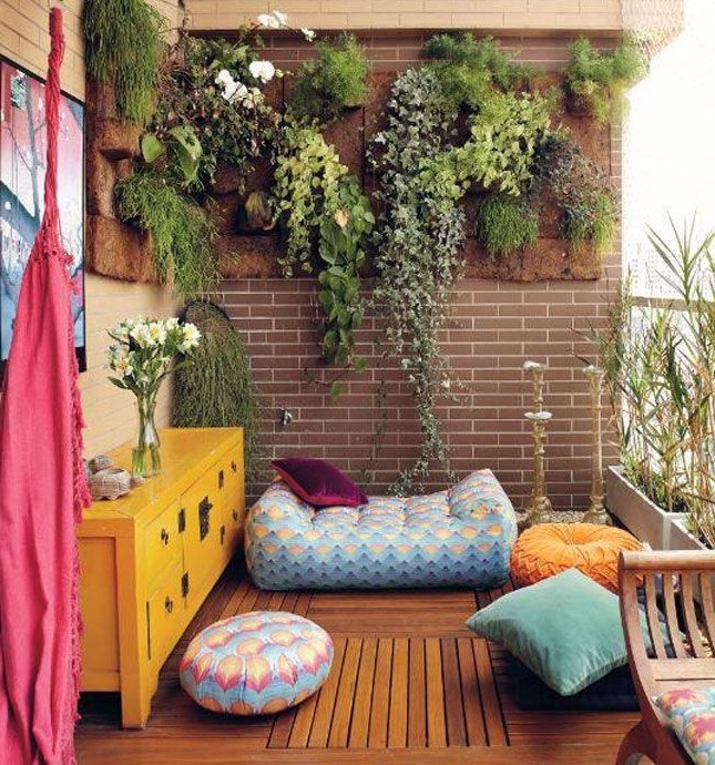 Pillows and ottomans to create a cozy corner of relaxation on the balcony and loggia