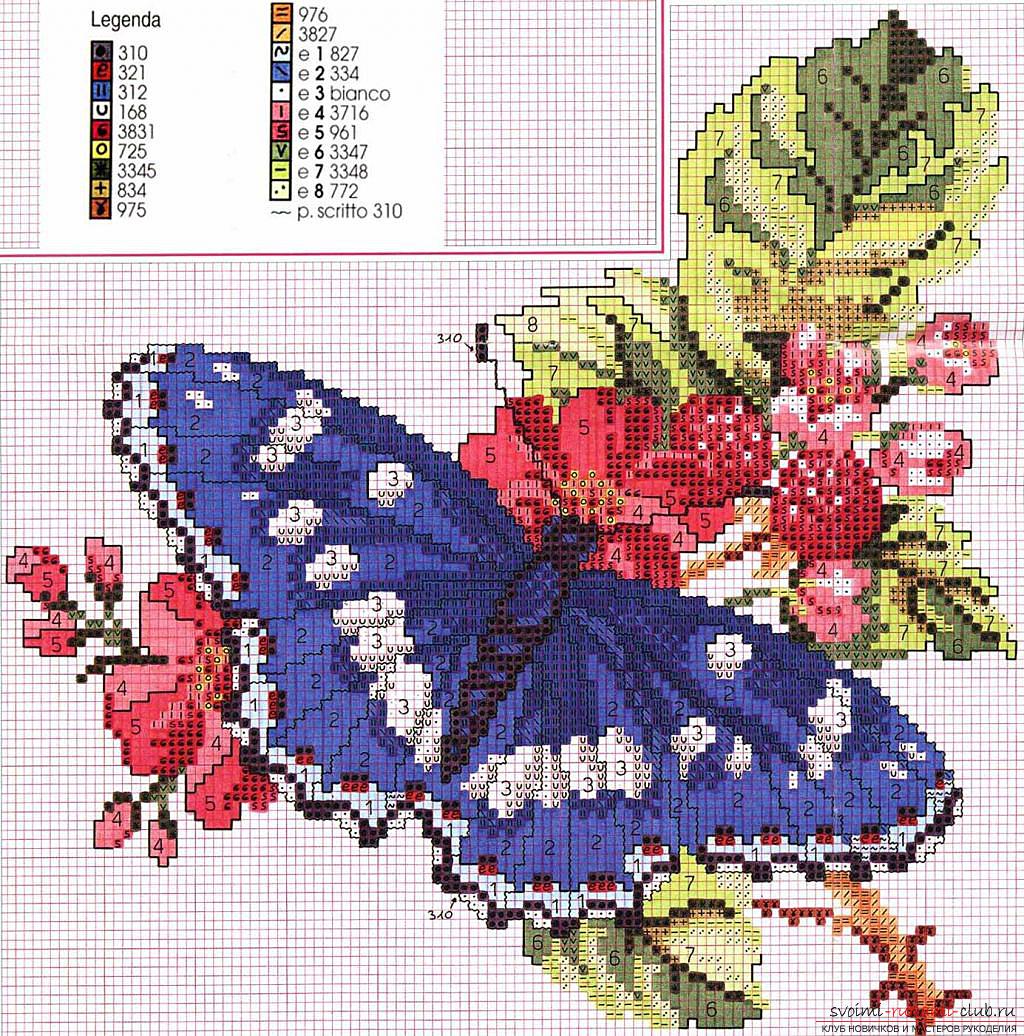 Borduurwerk van zachte vlinders op kussens volgens de schema's. Foto №4