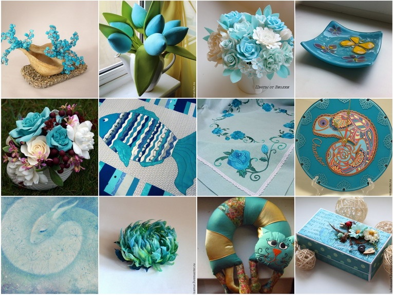 Turquoise color in the interior details: butterflies, flowers, fish and cats in the photo