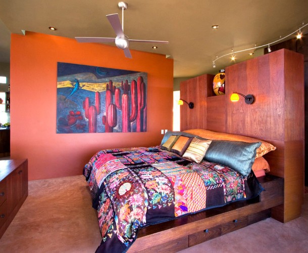 Boho style bedroom in the photo.