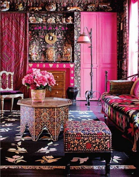 Dark boho interior with pink color