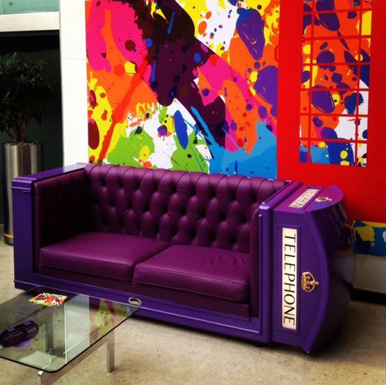 purple sofa from a London phone booth