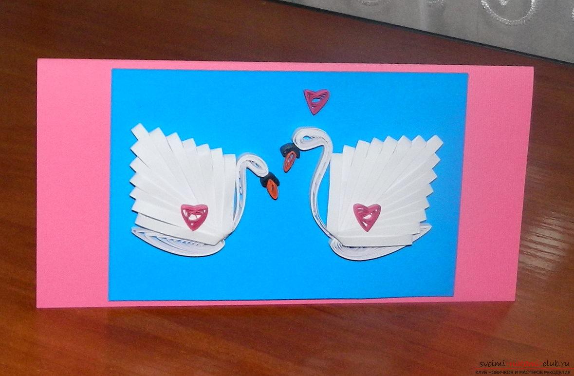 This master class and descriptions will show how to make a postcard with swans in quilling technique .. Photo # 1