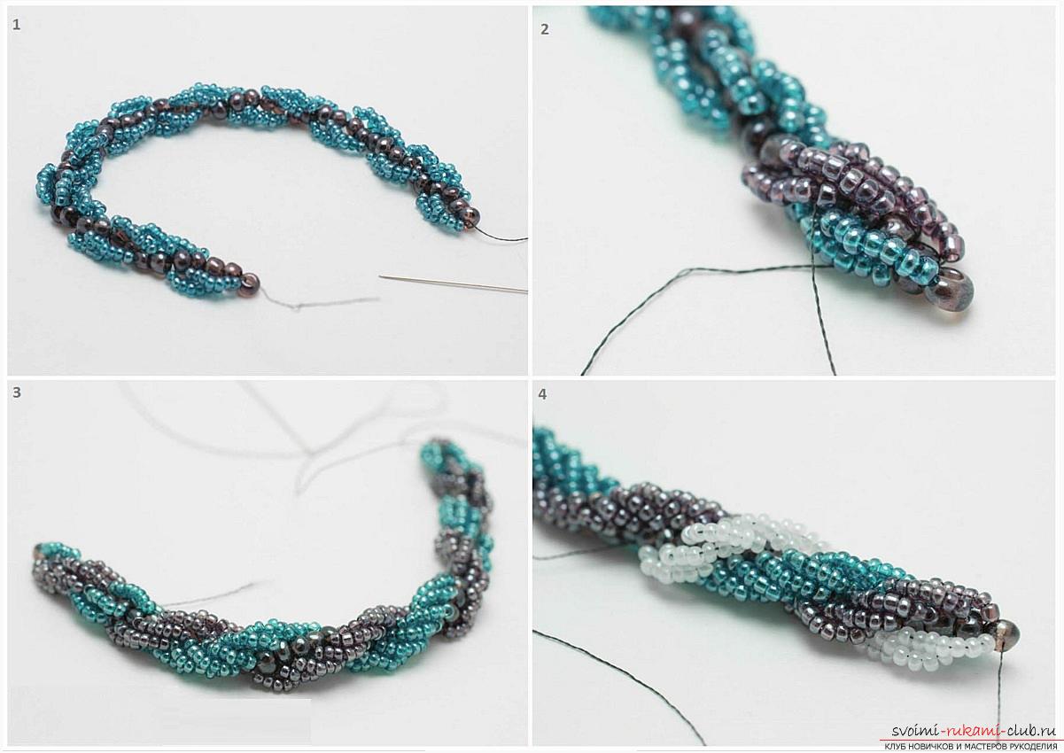 How to make a tourniquet from beads, weaving plait of various sections, crochet crochet, step-by-step photos and a detailed description of the creation of beaded harnesses and ornaments on their basis. Picture №3