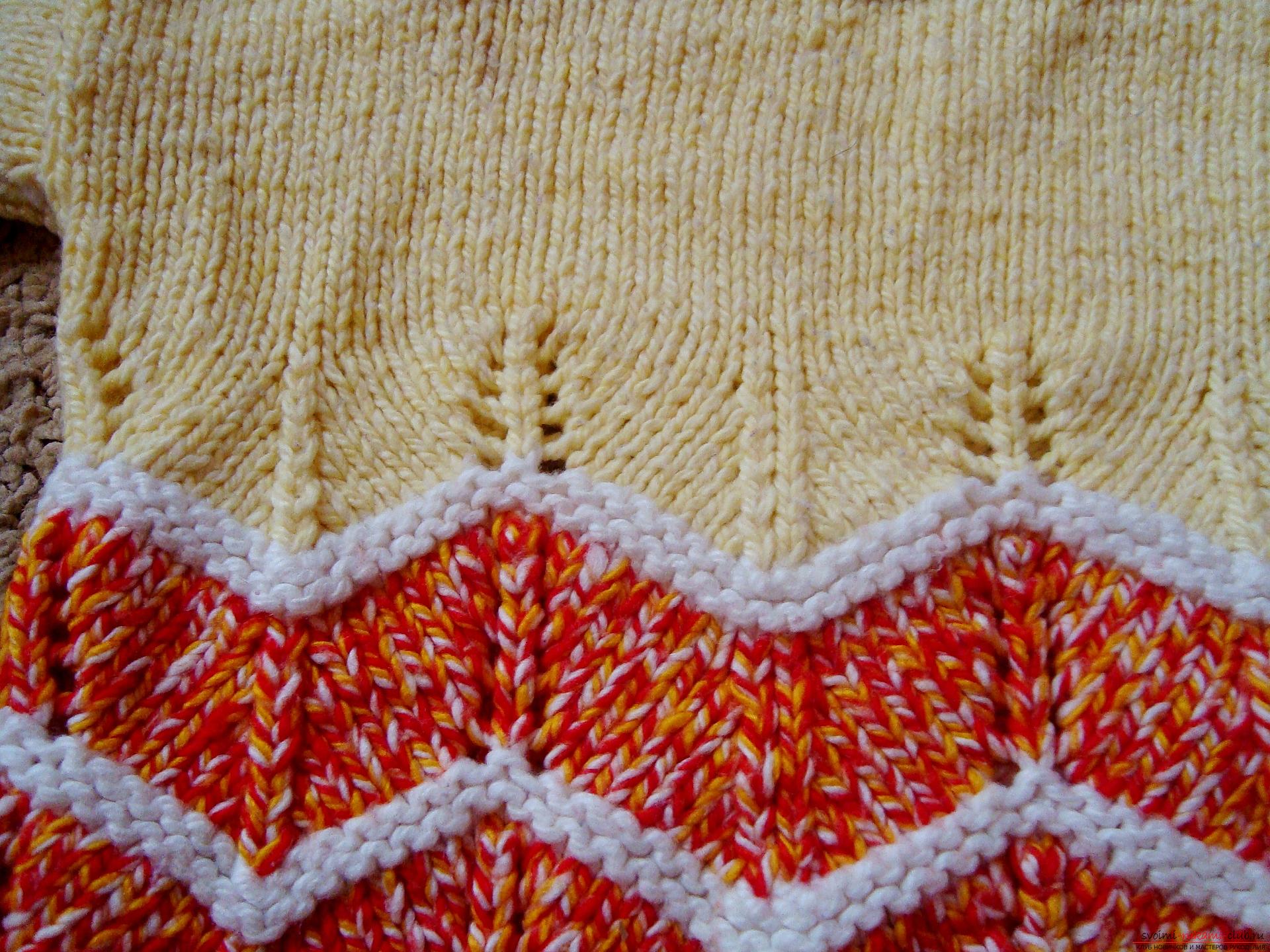 A master class with photo on knitting with needles will help to create a children's sweater that will warm in any weather. The use of bright yarn will make the thing unique and beautiful .. Photo # 4