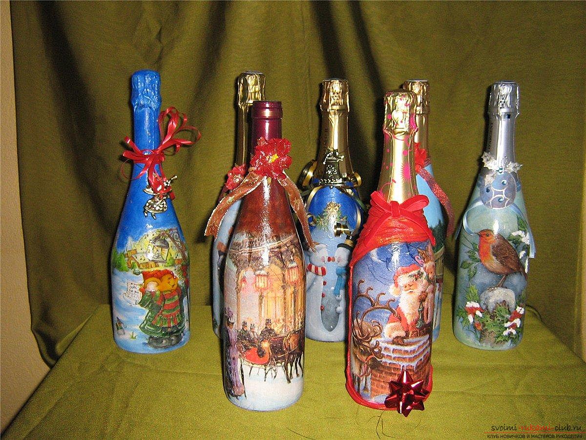 Decoupage of bottles with champagne for the New Year. Photo №1