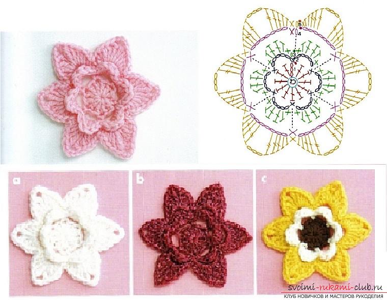 Schemes and a detailed description of how to crochet flowers by hand. Photo # 6