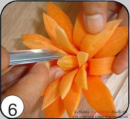 How to make beautiful and original products fromvarious vegetables, step-by-step photos and instructions for creating flowers from onions, mocovi, red cabbage and Peking cabbage, handmade pumpkin in carving technique. Photo №39
