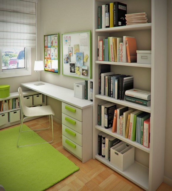 hellgrünes Interieur eines Kinderzimmers - ein Arbeitsplatz