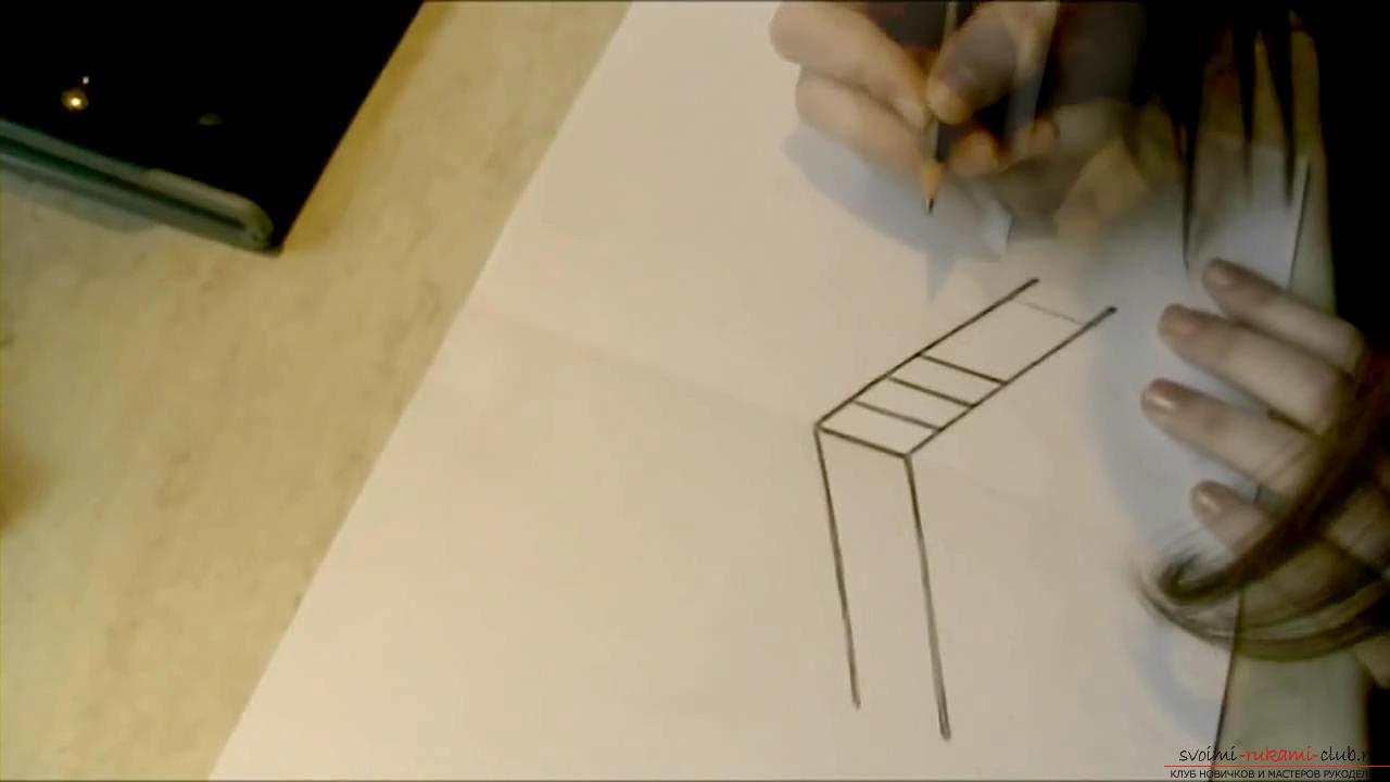 Рисуване 3d рисунка, изображение на стълби, молив за начинаещи. Снимка # 2