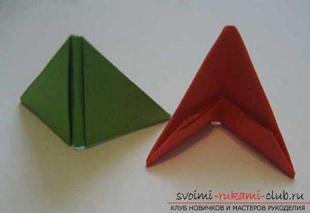Modulaire origami, hoe het een persoon beinvloedt die modulaire origami beoefent, modules maakt van een driehoekige vorm, evenals een libel in origamitechniek maakt. Foto # 12