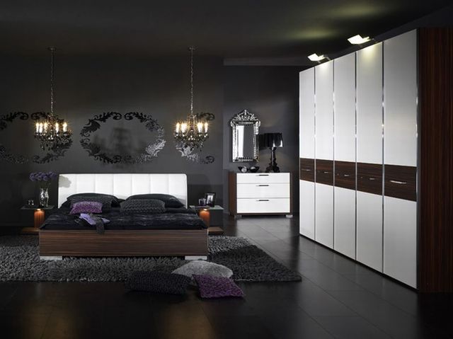 Bedroom interior design in dark shades with white accents