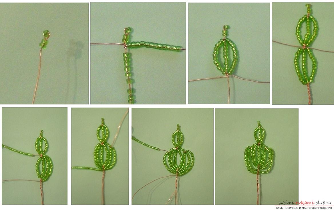How to weave a rose from beads. step-by-step photos and a detailed description of the weaving of the flower and the leaves of the rose in various techniques. Photo Number 19
