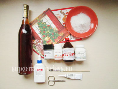 Materials and tools for decoupage bottles for the New Year