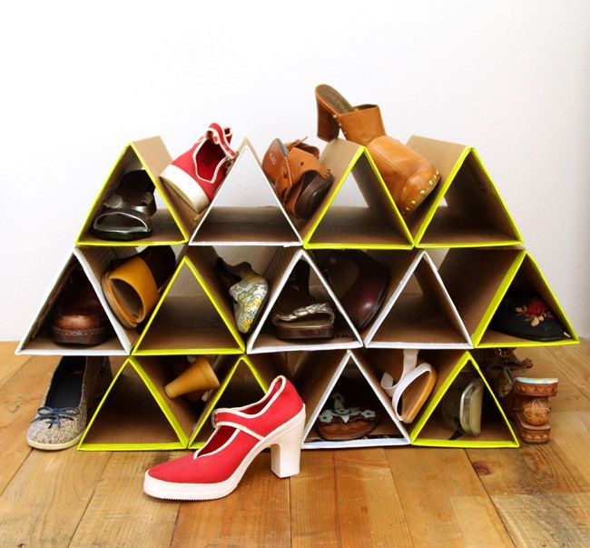 self-made shoe rack from cardboard