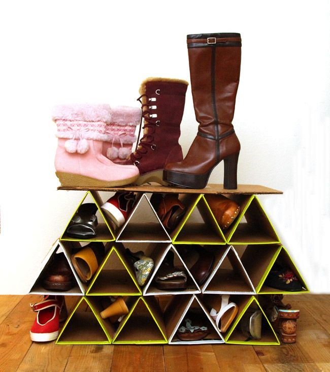 geometric shelves for shoes made of cardboard with their own hands