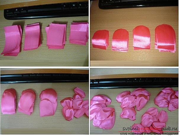 How to make roses from a ribbon with your own hands, step-by-step photos and instructions for creating a flower, seven variants of roses from a ribbon in the form of buds and blossoming flowers. Photo number 36