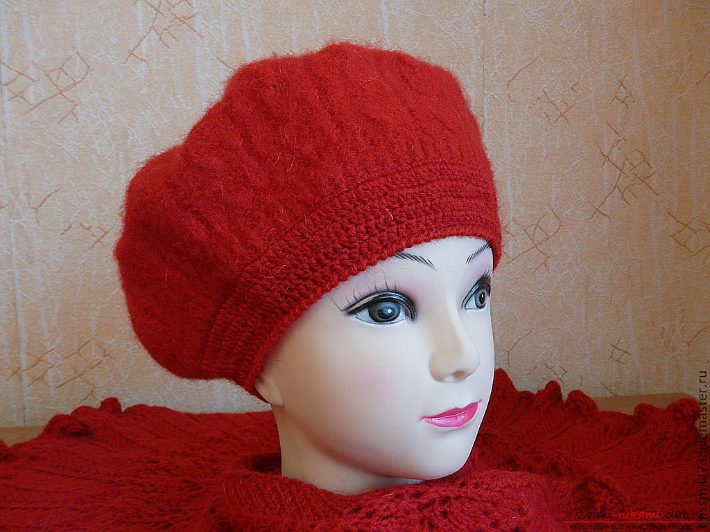 openwork knitted with needles female beret. Picture №3