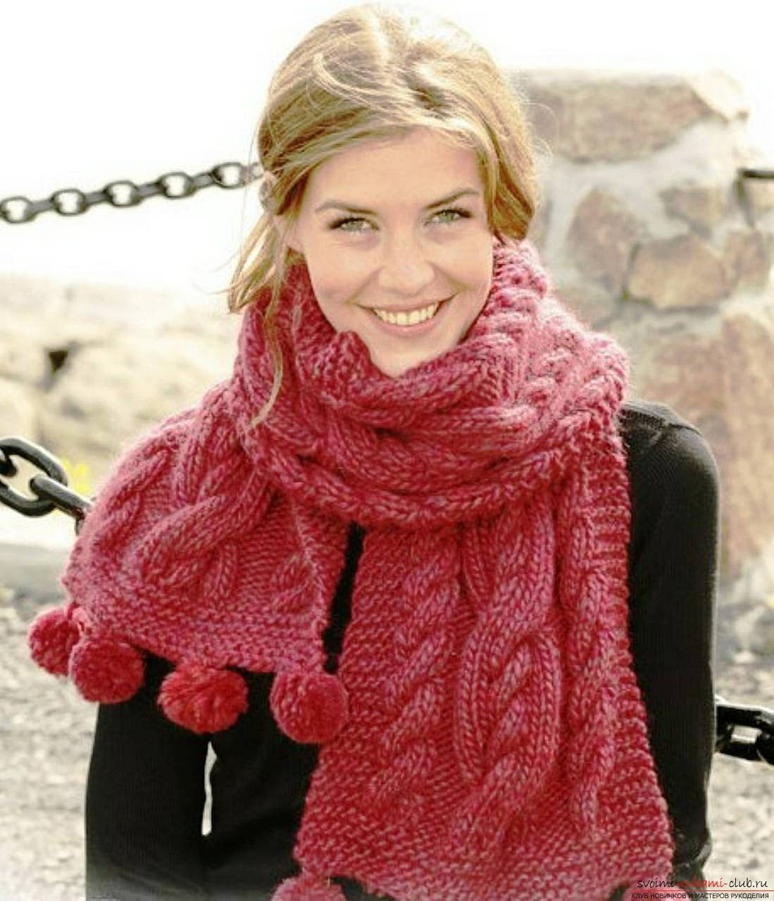 knitted women's scarf with a pattern of rhombuses and braids. Photo №5