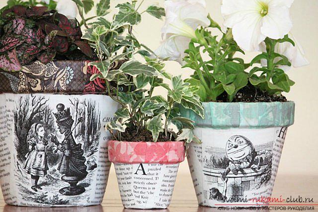 Decoupage pot for flowers with their own hands, decoupage of flower pots, master class. Photo №5