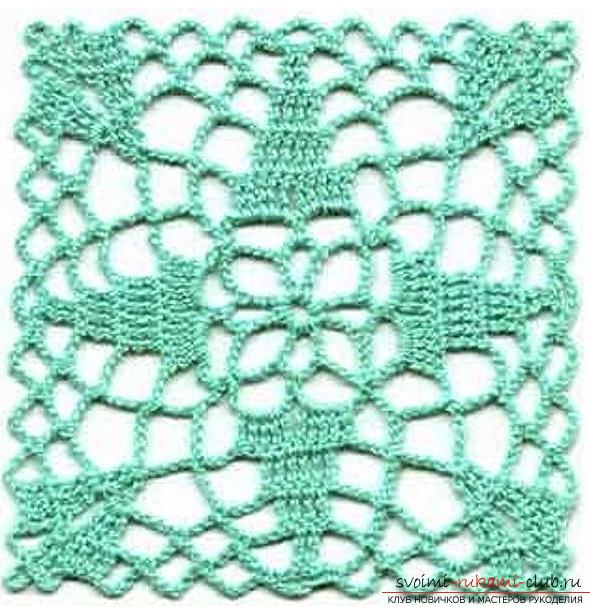 How to tie a square crochet motif, patterns and detailed description of knitting of openwork squares .. Photo # 5