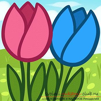 Step-by-step drawing of spring flowers, tulips, with children. Photo №7