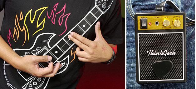 Electric guitar-T-shirt in action, amplifier