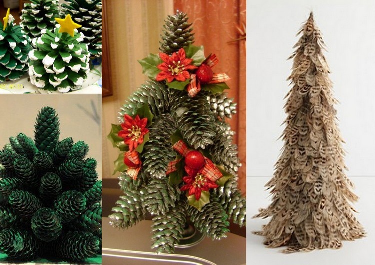 الحرف شجرة عيد الميلاد مصنوعة من المواد الطبيعية: المخاريط والريش