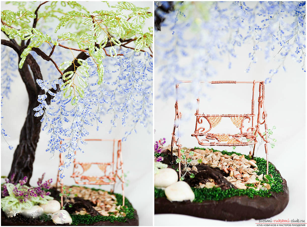 ชั้นเรียนปริญญาโทฟรีในการสร้าง wisteria จากลูกปัดคำแนะนำและคำแนะนำในการทำแปรงบานและตกแต่งลำต้น ภาพทีละขั้นตอน .. รูปภาพ№7