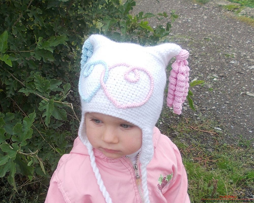 knitted crocheted beanie with ears for the girl. Photo №1