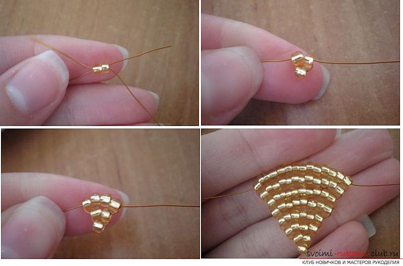 How to weave a rose from beads. step-by-step photos and a detailed description of the weaving of the flower and the leaves of the rose in various techniques. Photo Number 11