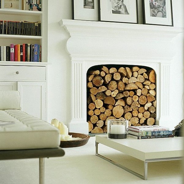Composition of logs in a false fireplace