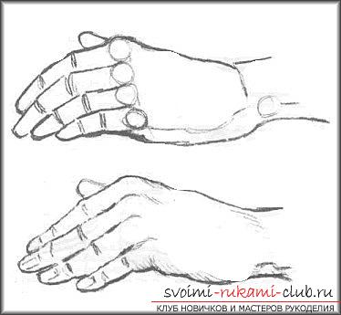Step by step drawing of a person's hand with a pencil. Photo №1